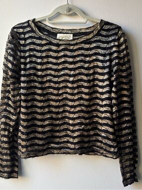 Vintage 90s Cache Black Metallic Gold Disco Wave Striped Glam Sheer Top Size L